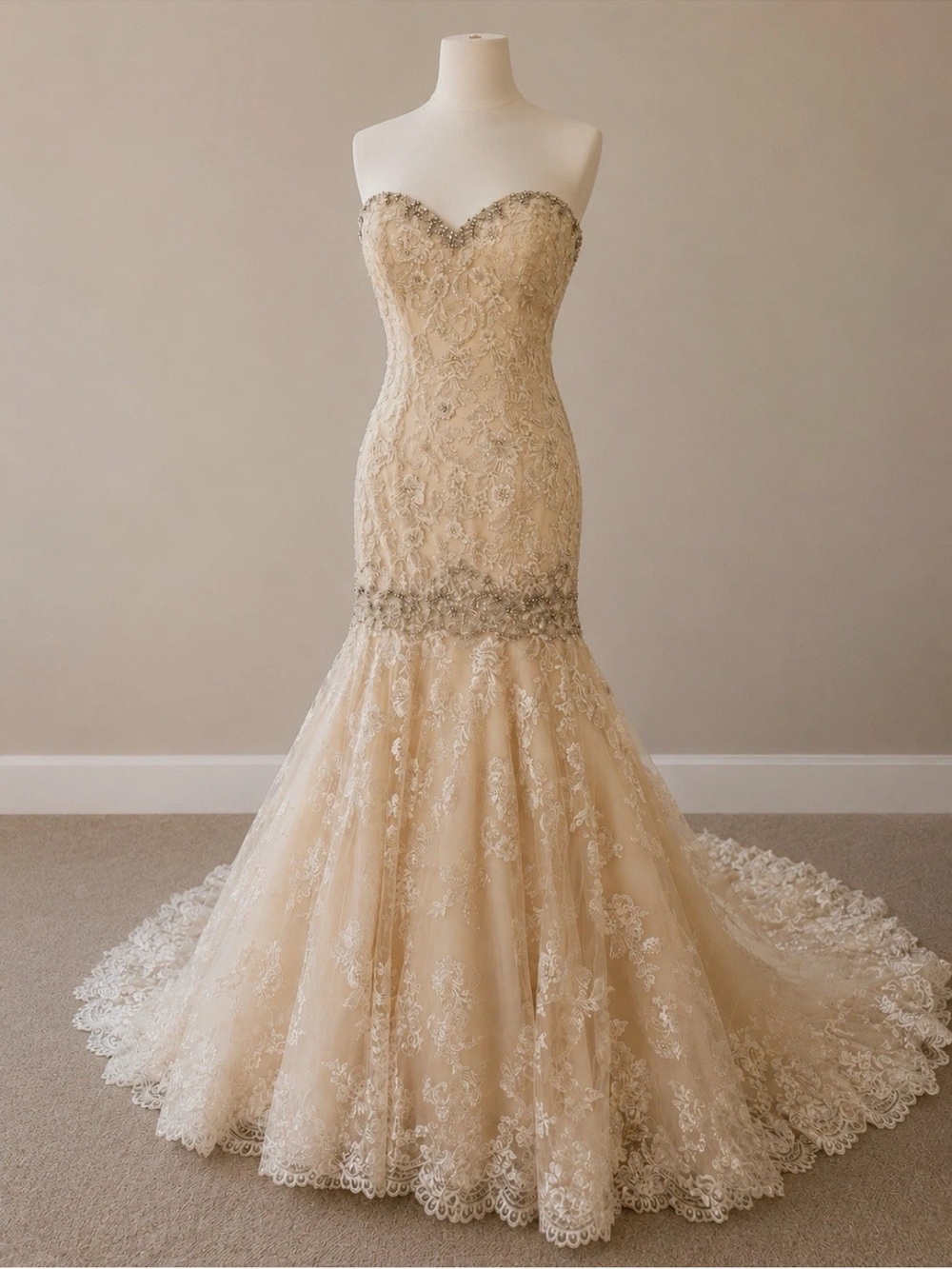 Allure Bridals Strapless Mermaid Lace Beaded Wedding Gown with Train